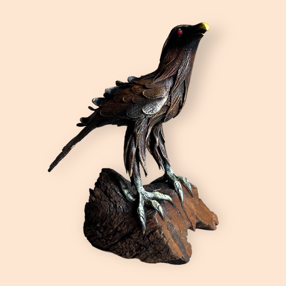Vintage Driftwood Resin Hawk Bronze Black Brown With Red Eyes Decor Accent